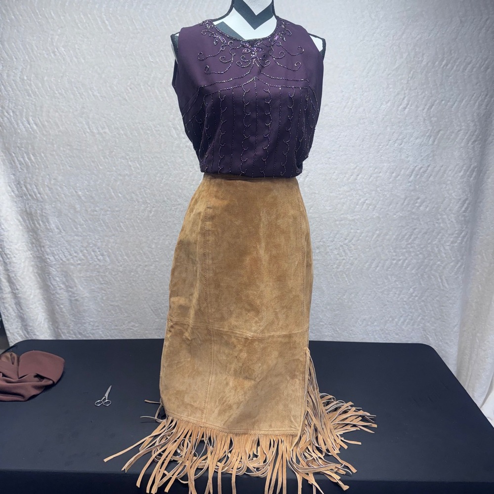 Via Accenti Tan Suede Fringe Midi Skirt High Waisted Western Boho Side Slit Tan